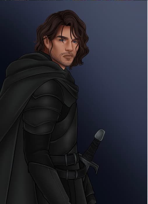 Dark-fantasy character illustration of a brooding warrior in matte-black plate armour and a hooded cloak, a sword at his hip.