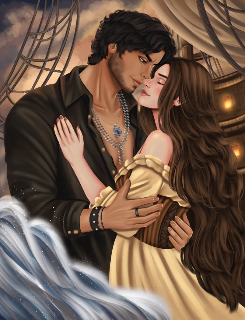 Romantasy illustration of a couple embracing on the deck of a ship at dusk.
