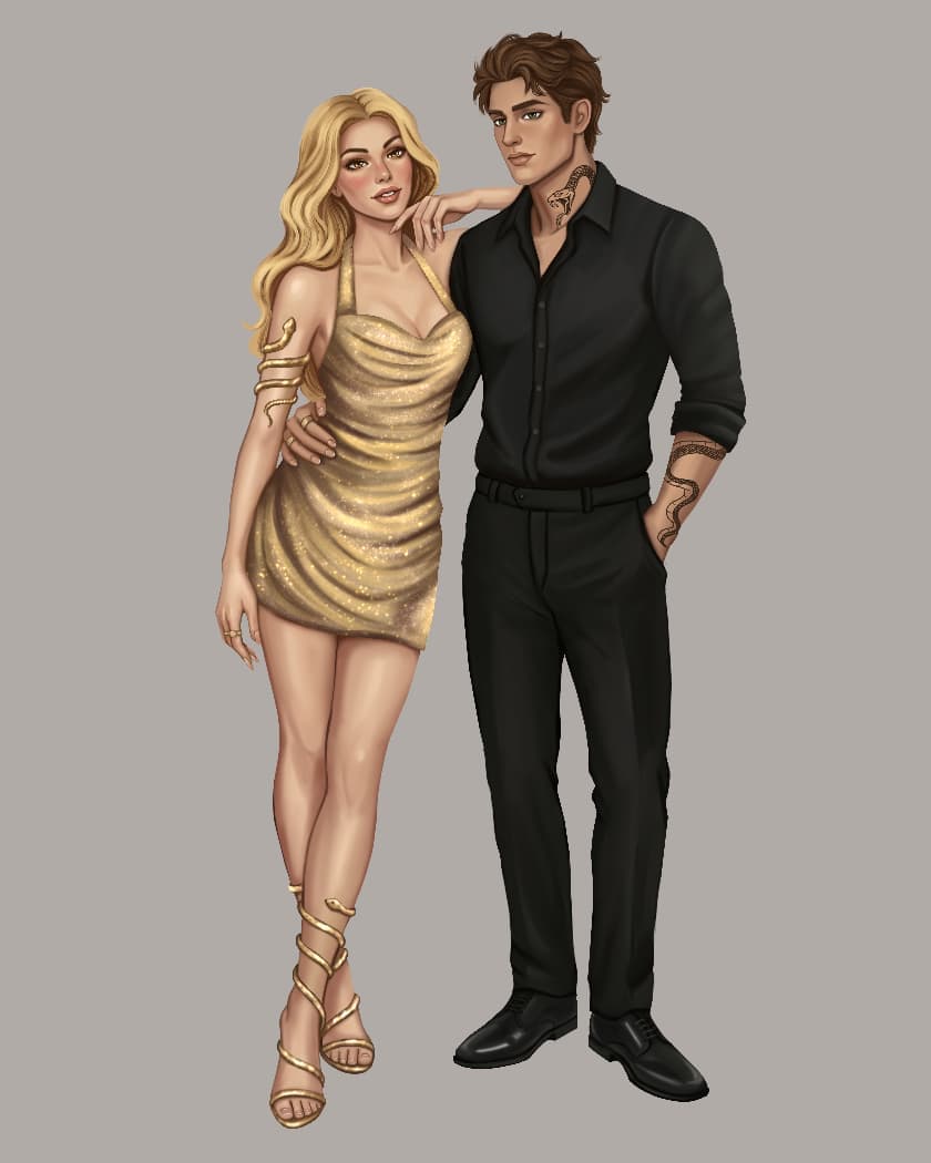 Dark-romance character illustration of a couple in gold and black — the woman in a gold sequin dress with snake-coil jewellery beside a man in black with matching serpent tattoos.