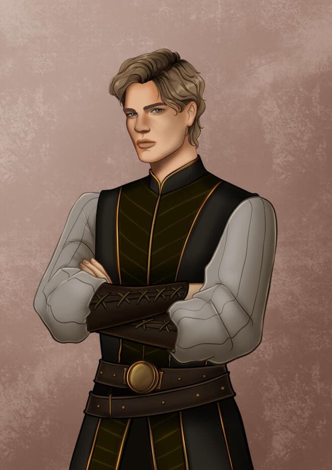 Semi-realistic fantasy character portrait of a stern nobleman with arms crossed, wearing a dark gold-trimmed tunic over grey sleeves with laced leather bracers.