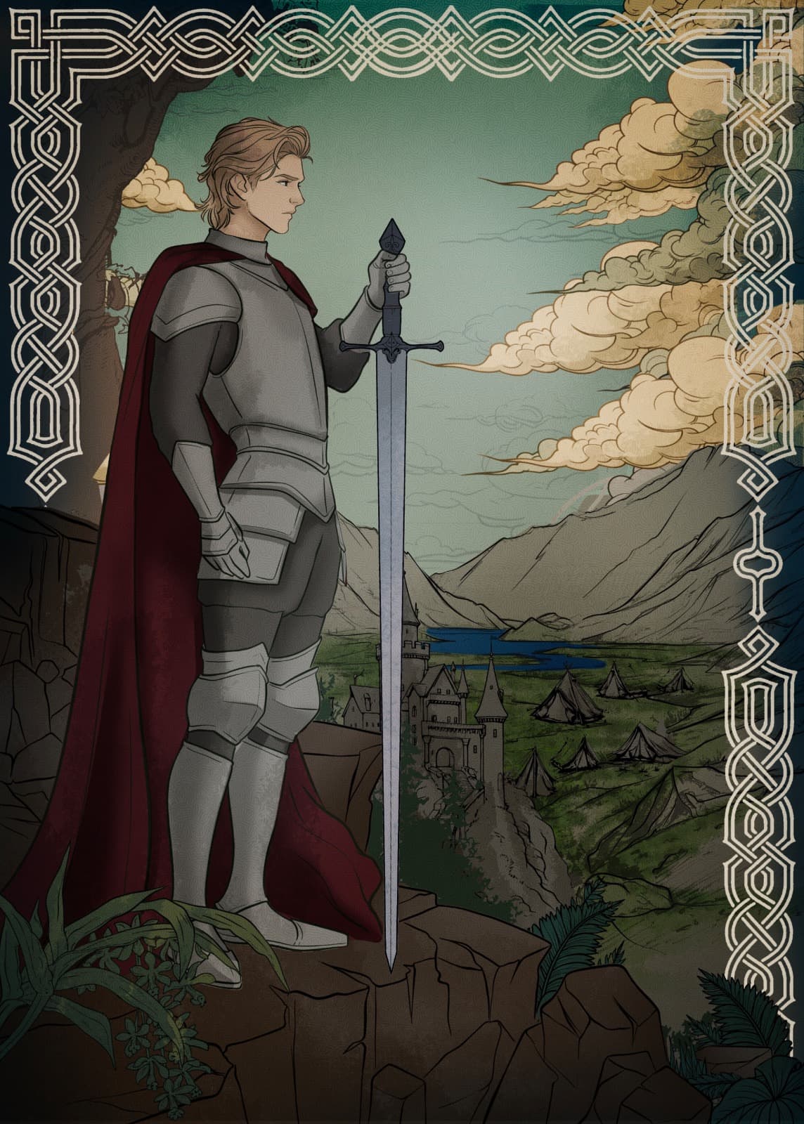 High-fantasy illustration of a young knight in silver plate armour and a red cape standing watch on a cliff above a castle and valley, framed by a Celtic knot border.
