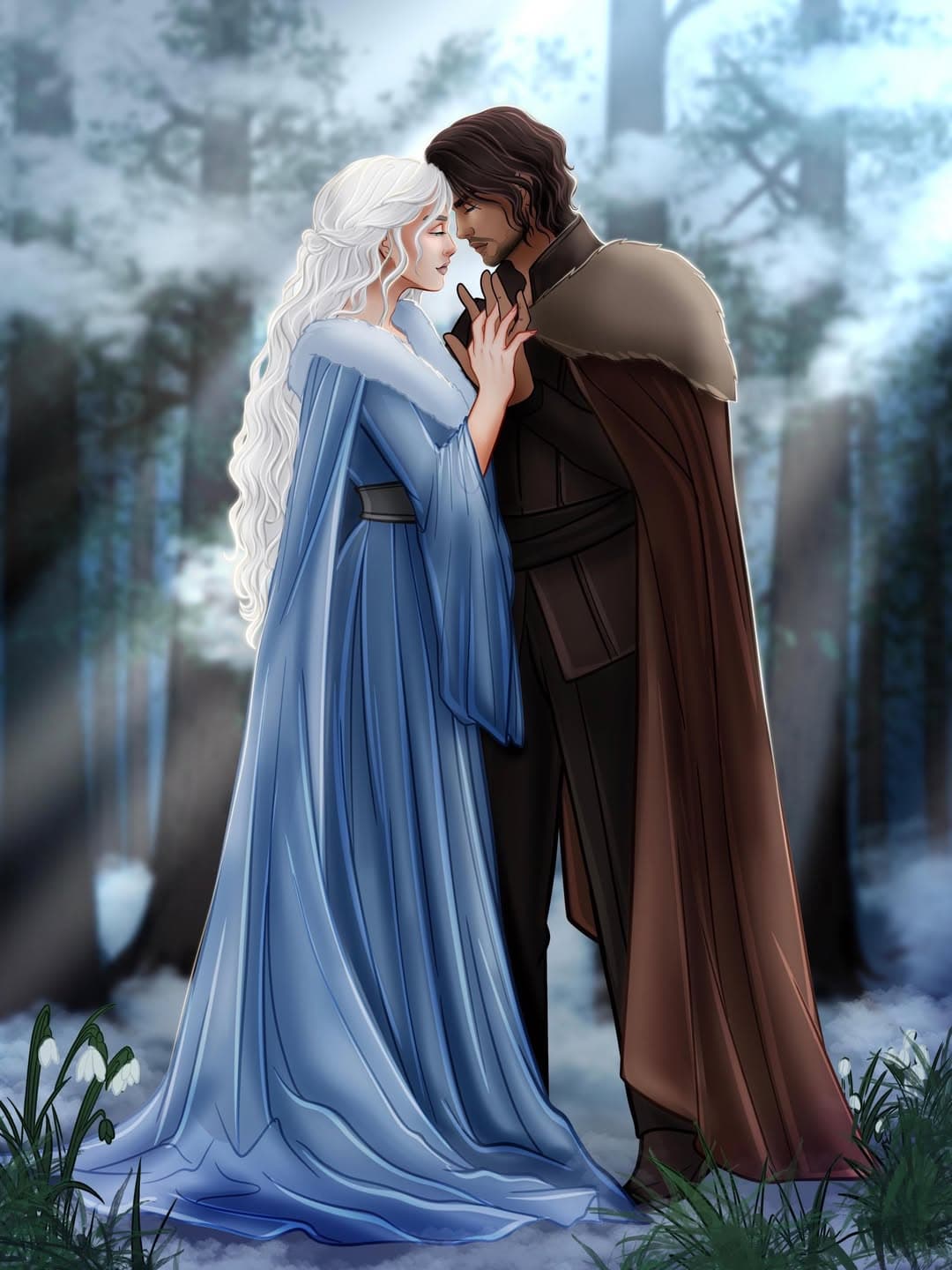 Fantasy illustration of a white-haired woman in an icy-blue gown and a fur-cloaked man resting their foreheads together in a snow-lit winter forest.