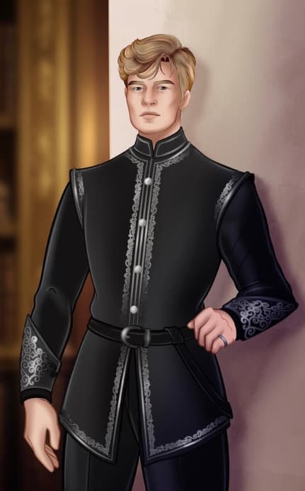 Fantasy character portrait of a fair-haired young man in a black tunic with silver filigree embroidery and polished silver buttons.