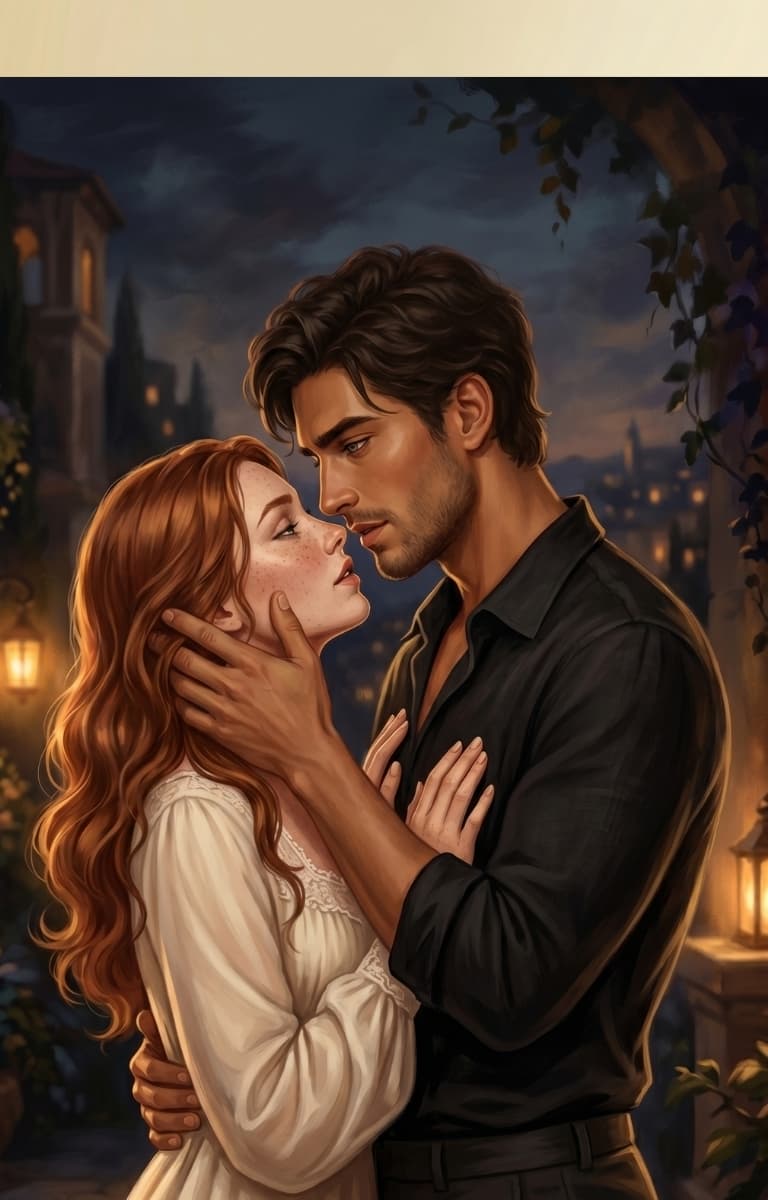 Romantasy book-cover detail: a couple in a candle-lit garden at night, from ‘Queen of the Hollow Court’.
